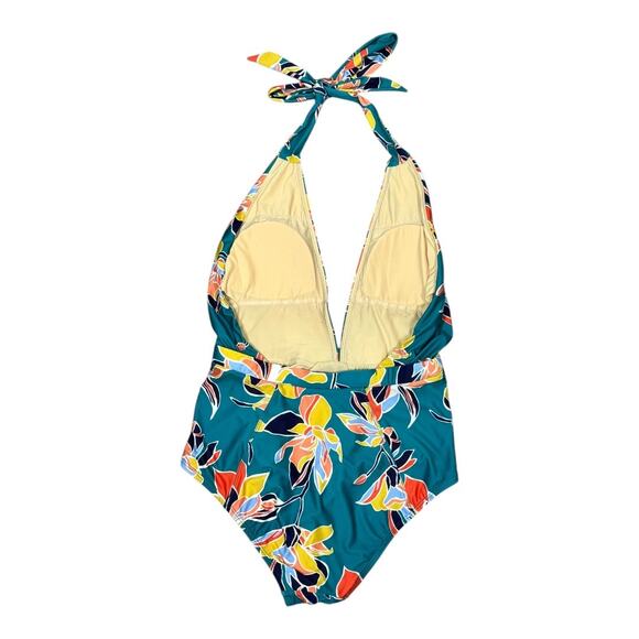 ModCloth Floral Halter Plunge Neck One Piece Swimsuit Medium Retro Blue - Picture 2 of 7